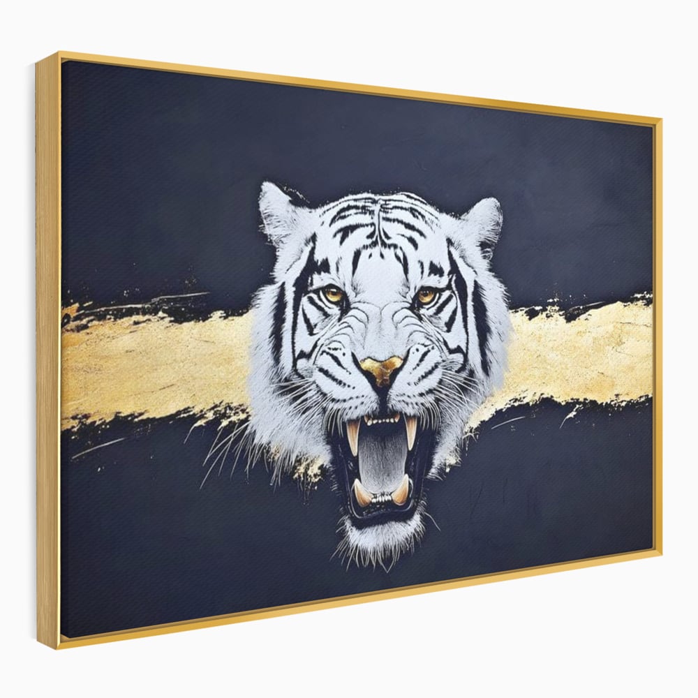 Tablou canvas cu tablou canvas cu tigru alb, in rama de aluminiu auriu